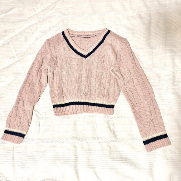 Cropped Cable Knit V-Neck Sweater Pink Navy - XS - Picture 4 of 12